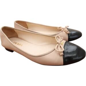 Prada Two Tone Leather Ballet Flats Beige/Black Patent Cap Toe Bow Size 39